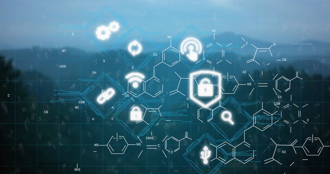 Digital Security and Connectivity Symbol Overlay on Blue Background