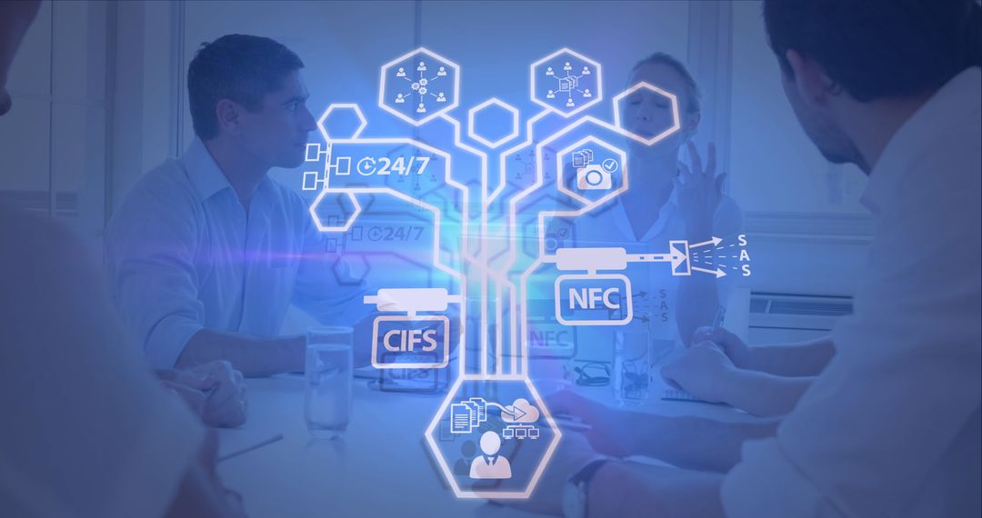 Digital Interface Analytics Over Business Meeting Scene Illustration
