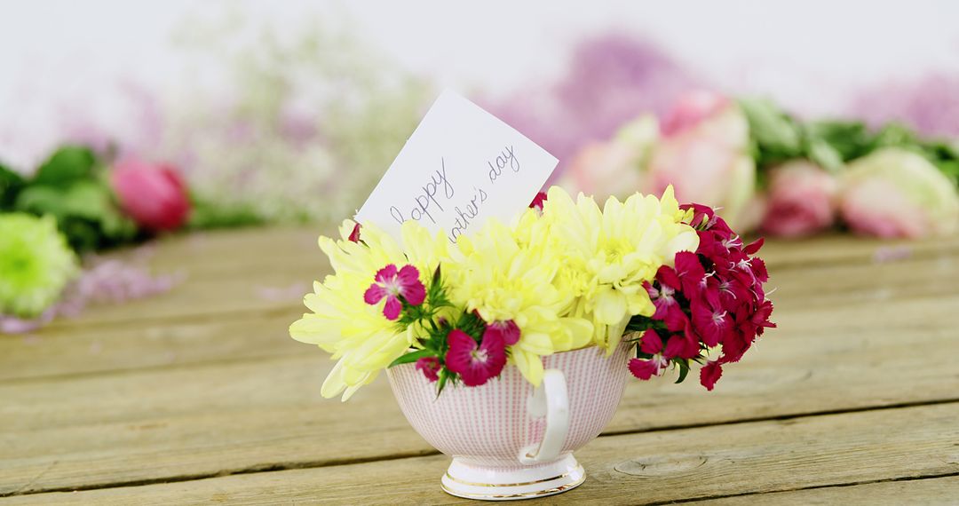 Mother's Day Greeting Card in Floral Cup with Flowers on Rustic Table - Free Images, Stock Photos and Pictures on Pikwizard.com