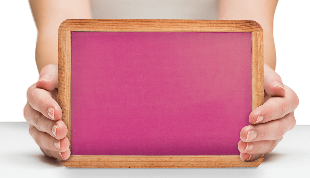 Hands Holding Transparent Pink Slate with Wooden Frame
