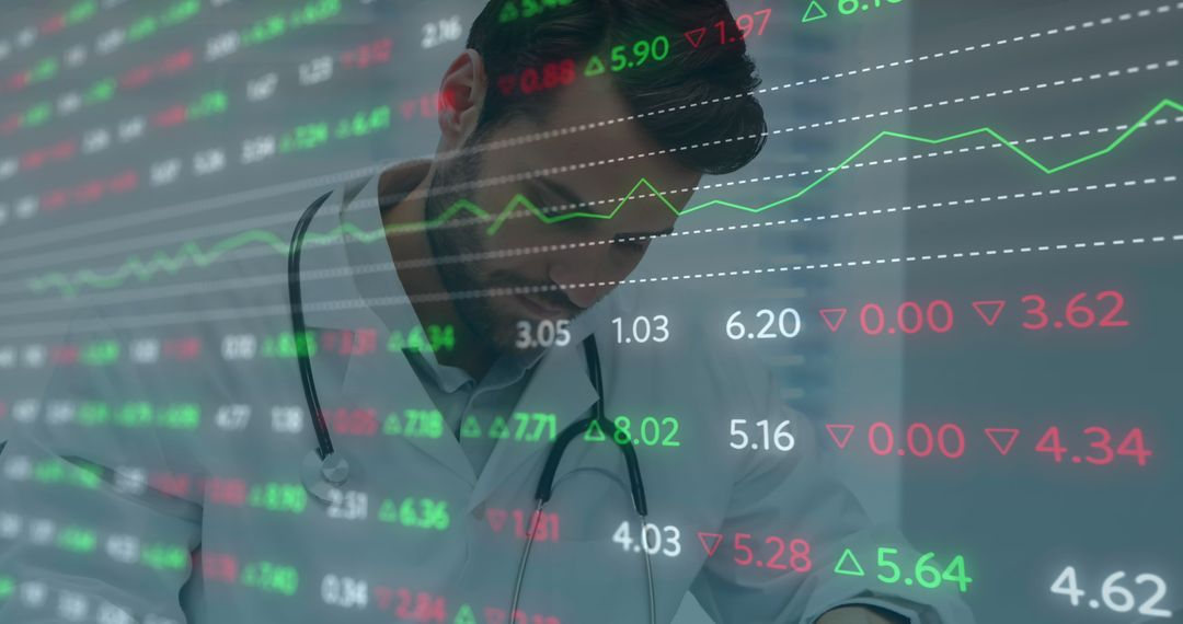 Doctor Analyzing Data with Digital Statistic Interface Overlay