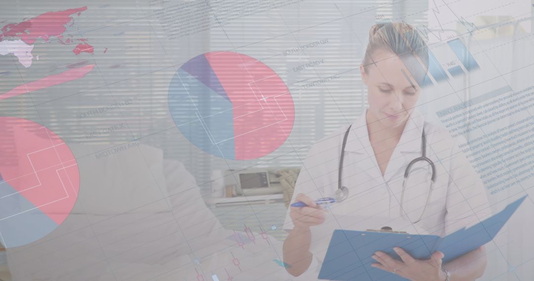 Doctor Analyzing Data Charts on Transparent Interface