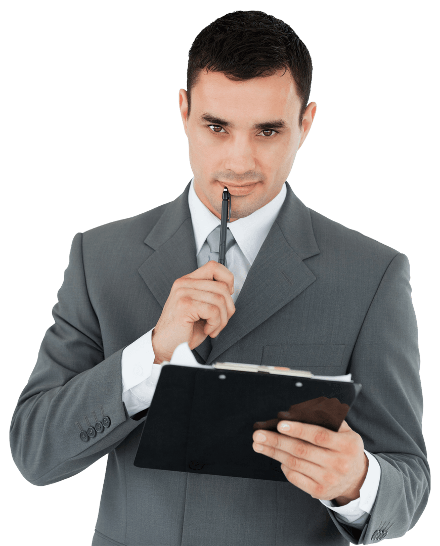 Pensive Businessman with Clipboard and Pen, Transparent Background