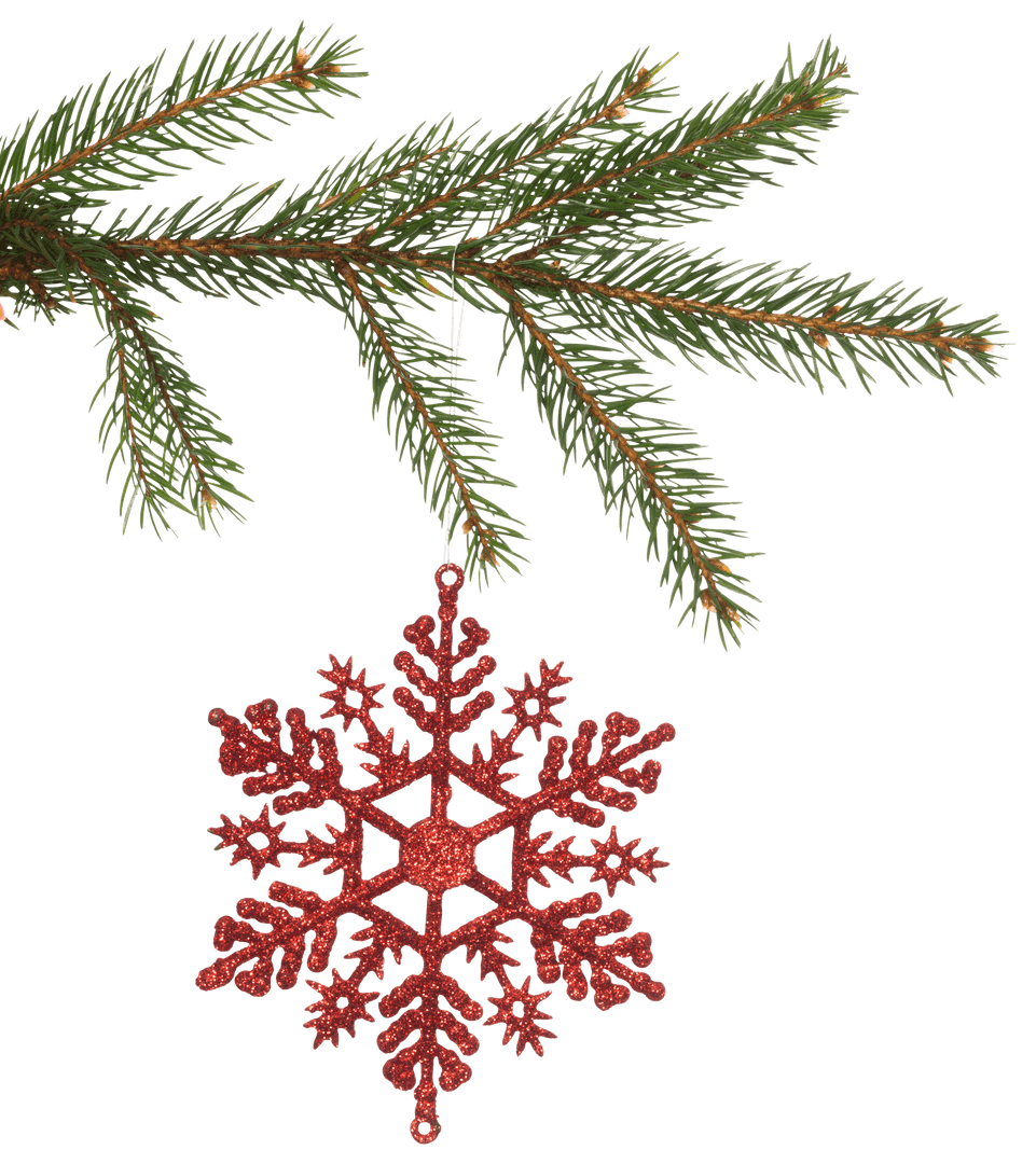 Transparent Red Glitter Snowflake Ornament on Pine Branch