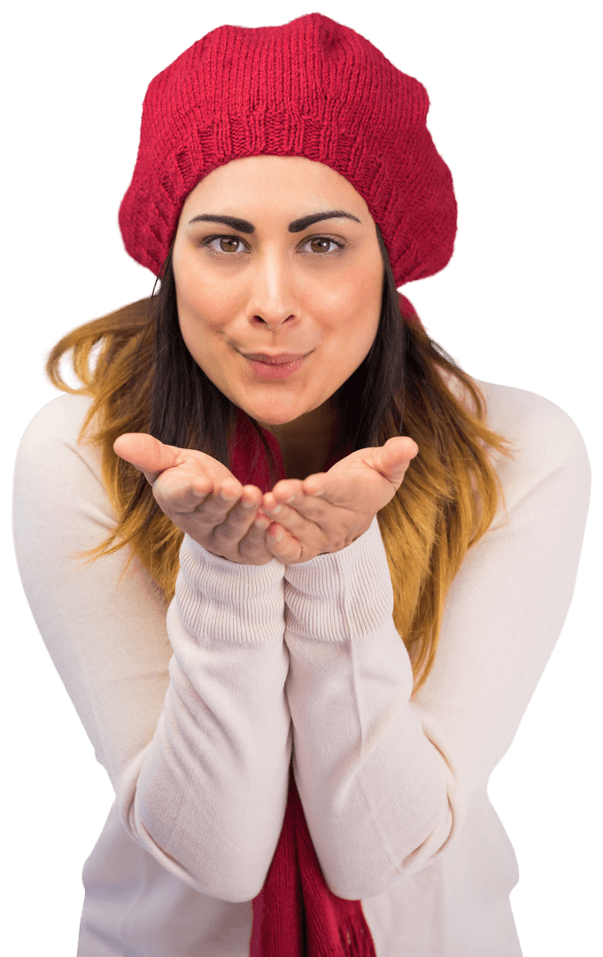 Smiling Woman in Red Hat Blowing a Kiss Isolated on Transparent