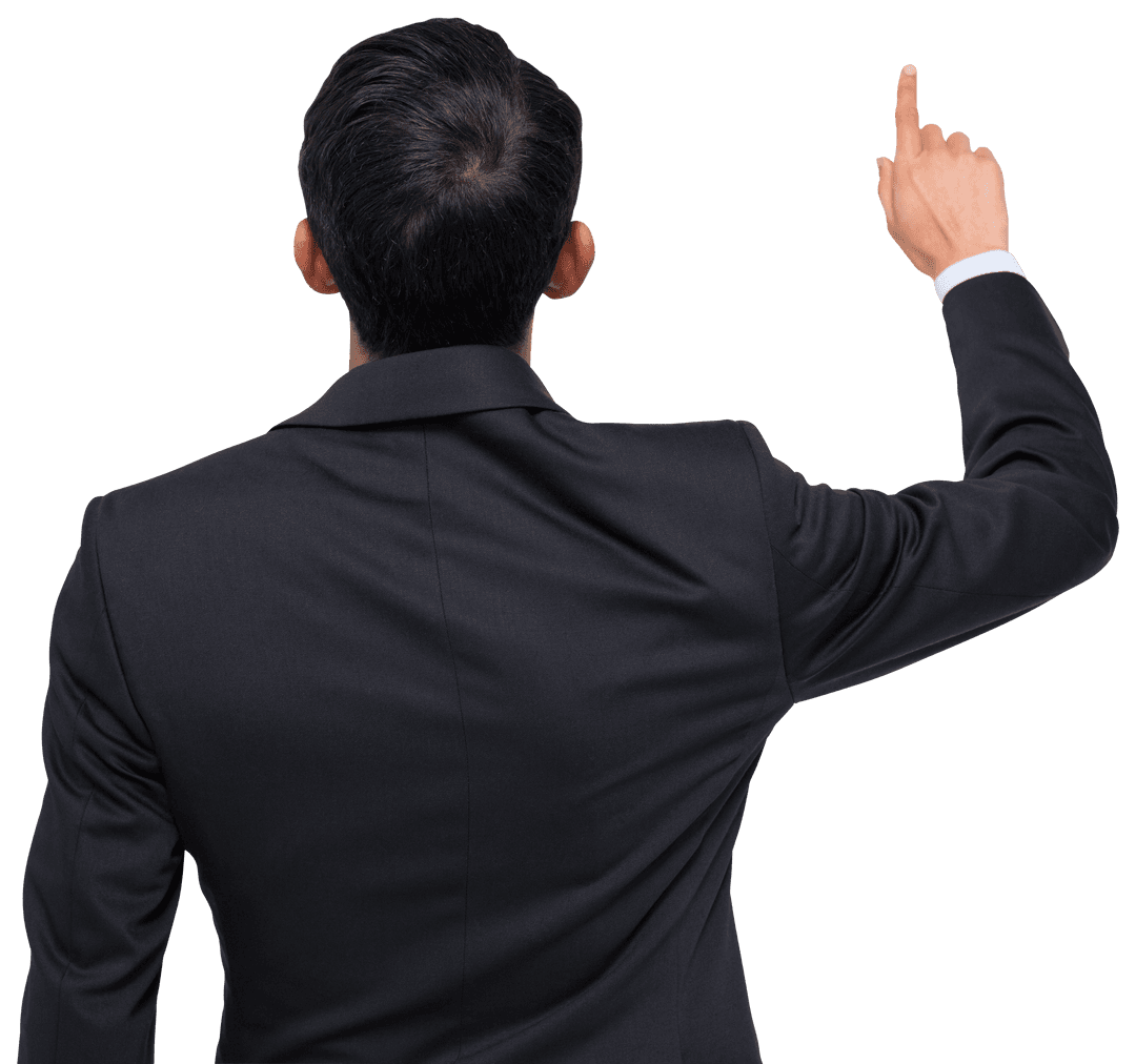 Rear View Asian Businessman Pointing on Transparent Background