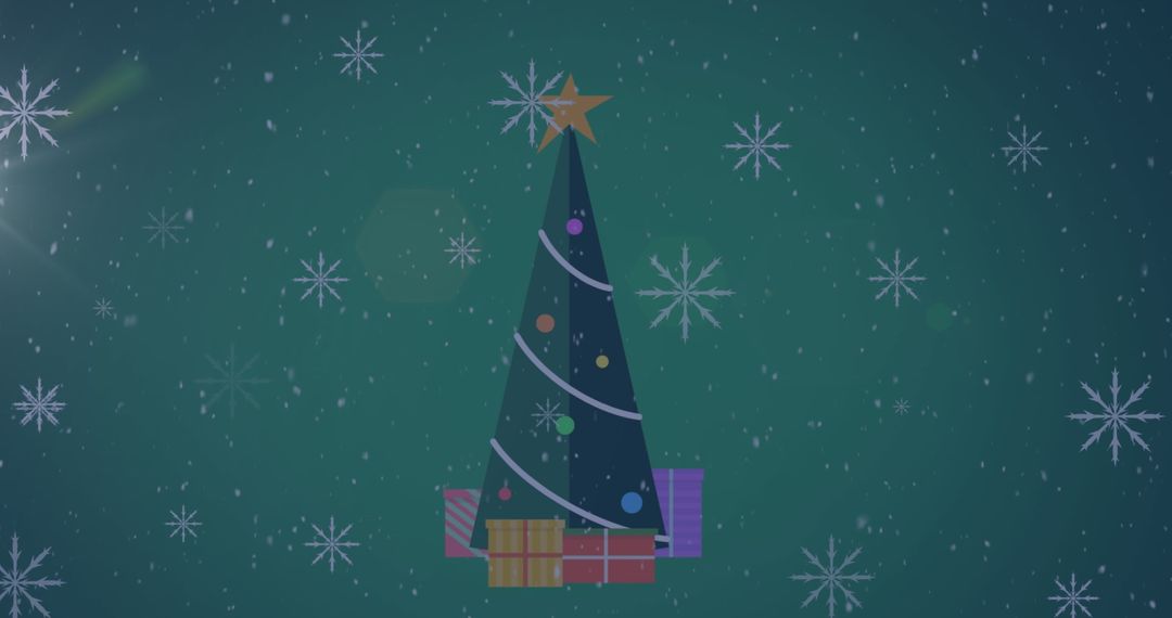 Snow Falling Over Illuminated Christmas Tree Green Background