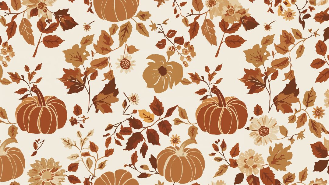 Rustic Autumnal Pattern with Pumpkins and Leaves on Beige