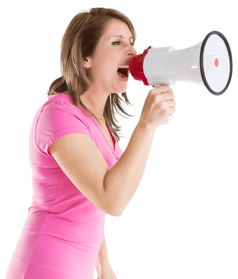Caucasian Woman Shouting in Megaphone on Transparent Background