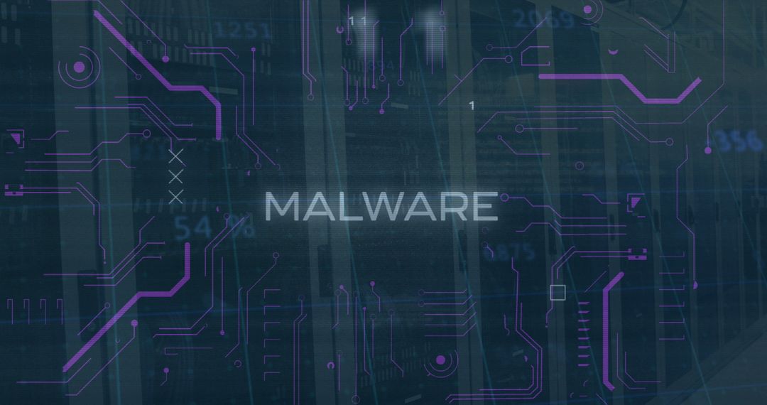 Cybersecurity art: malware text with microprocessor graphics