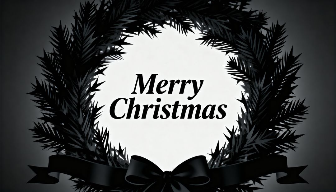 Monochrome Black Pine Wreath Merry Christmas Card with Satin Bow and High-Contrast Center