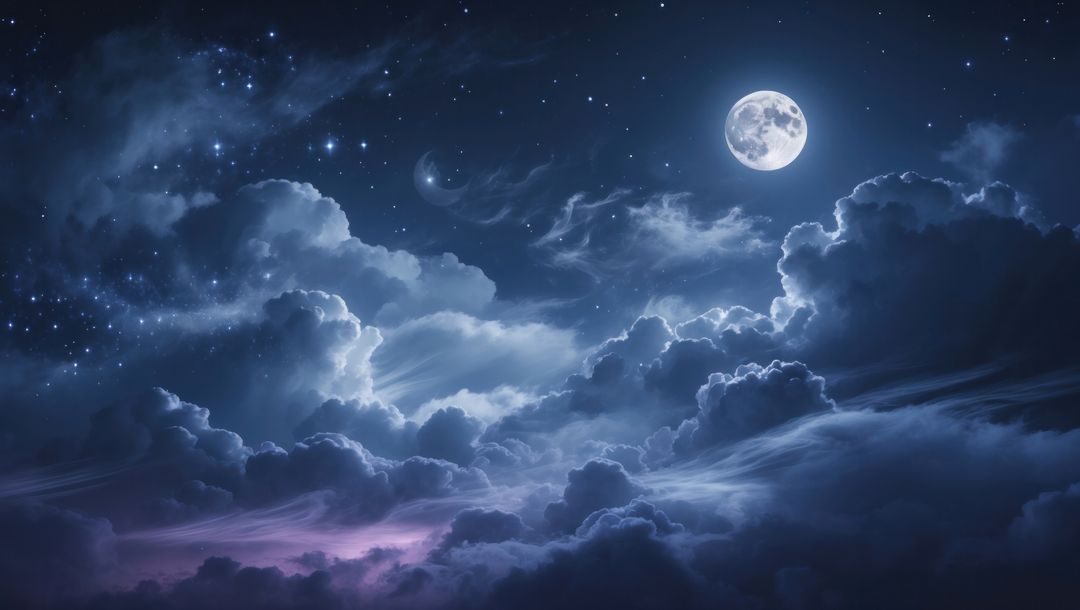 Full Moon Illuminating Night Sky with Cumulus Clouds