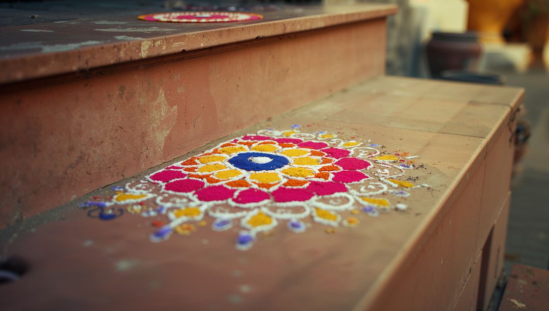 Vibrant Rangoli Artwork on Rustic Terracotta Step