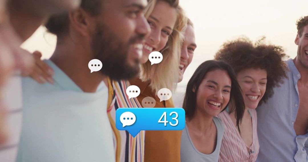 Diverse Friends Connecting Socially at Sunset with Chat Notifications