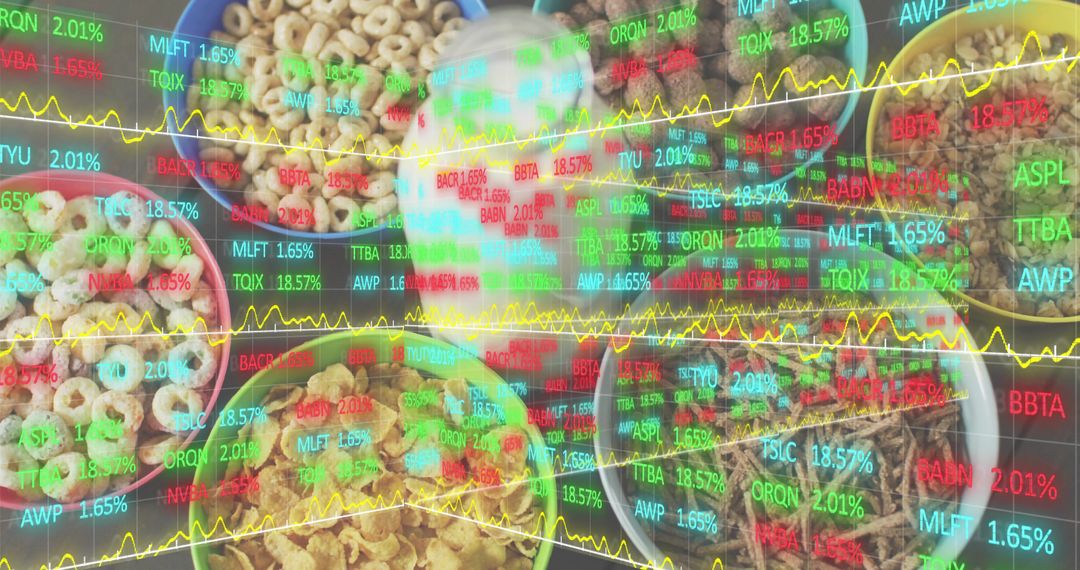 Displaying cereal bowls and milk jug with neon stock market overlay flatlay food finance