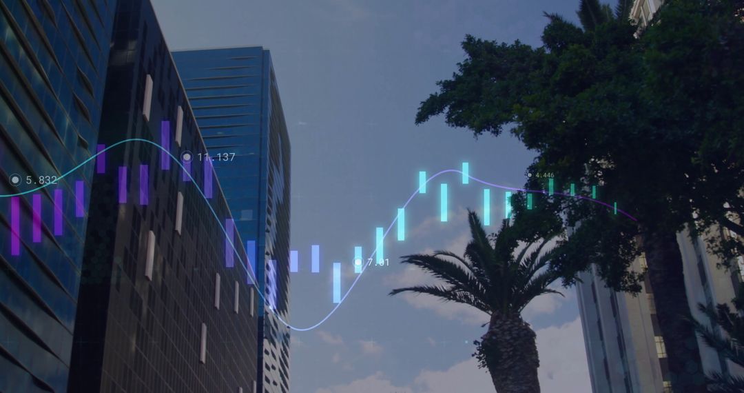 Data Visualization Overlaid on Urban Skyscrapers with Palm Trees
