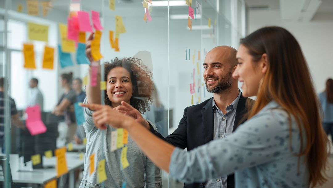 Team Collaborating and Brainstorming at Glass Wall with Colorful Sticky Notes