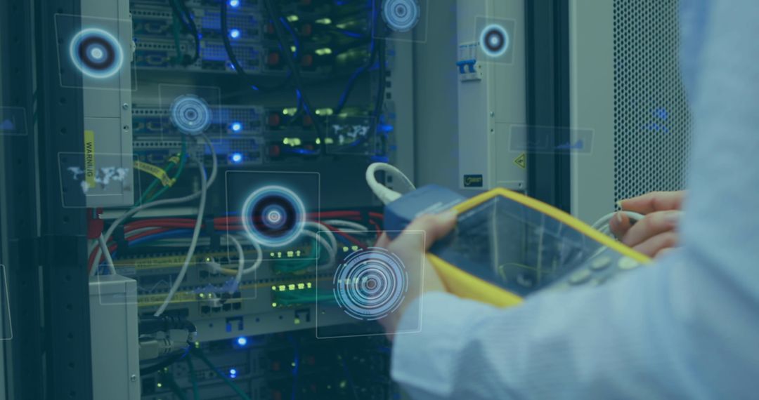 Technician Analyzing Data Security in Server Room