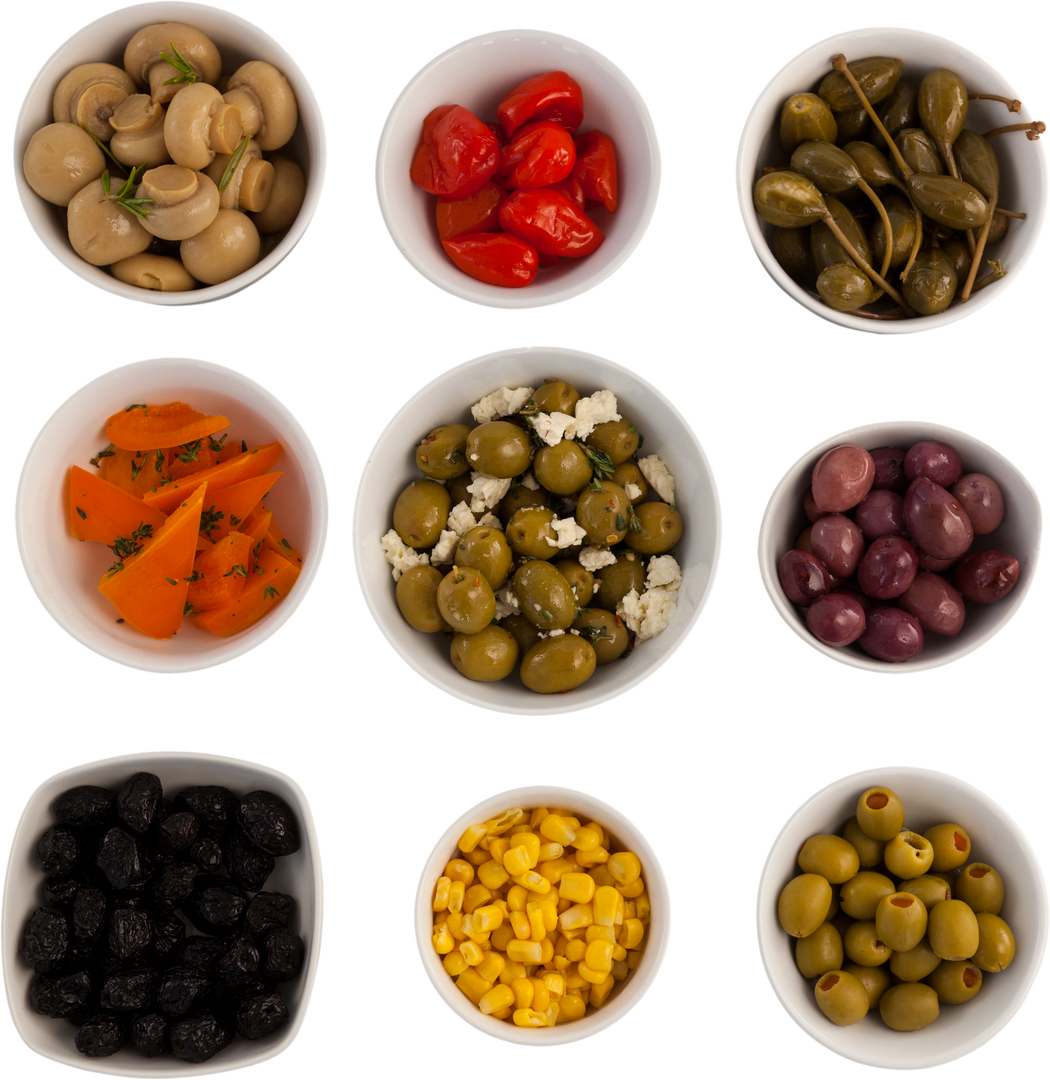 Variety of Mediterranean Ingredients in Small Bowls on Transparent Background - Download Free Stock Images Pikwizard.com