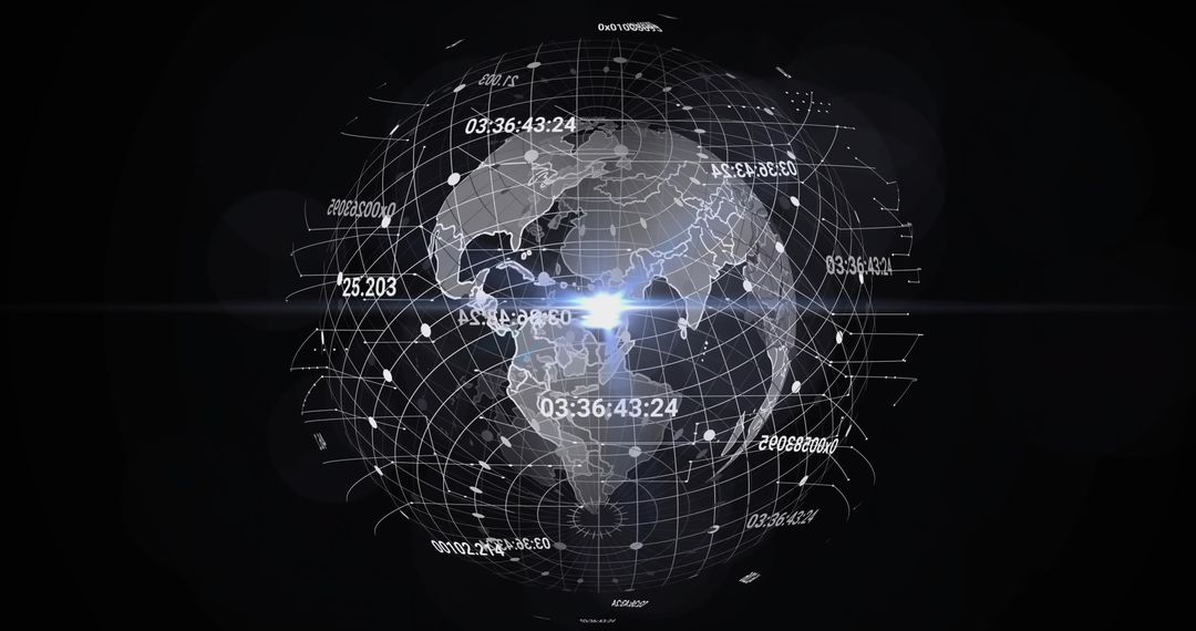 Futuristic 3D Holographic Globe Displaying Global Data Network Timecodes and Wireframe Grid