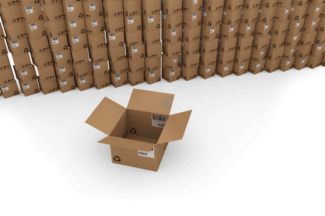 Transparent Cardboard Box with Recycling Symbol Near Stack of Boxes