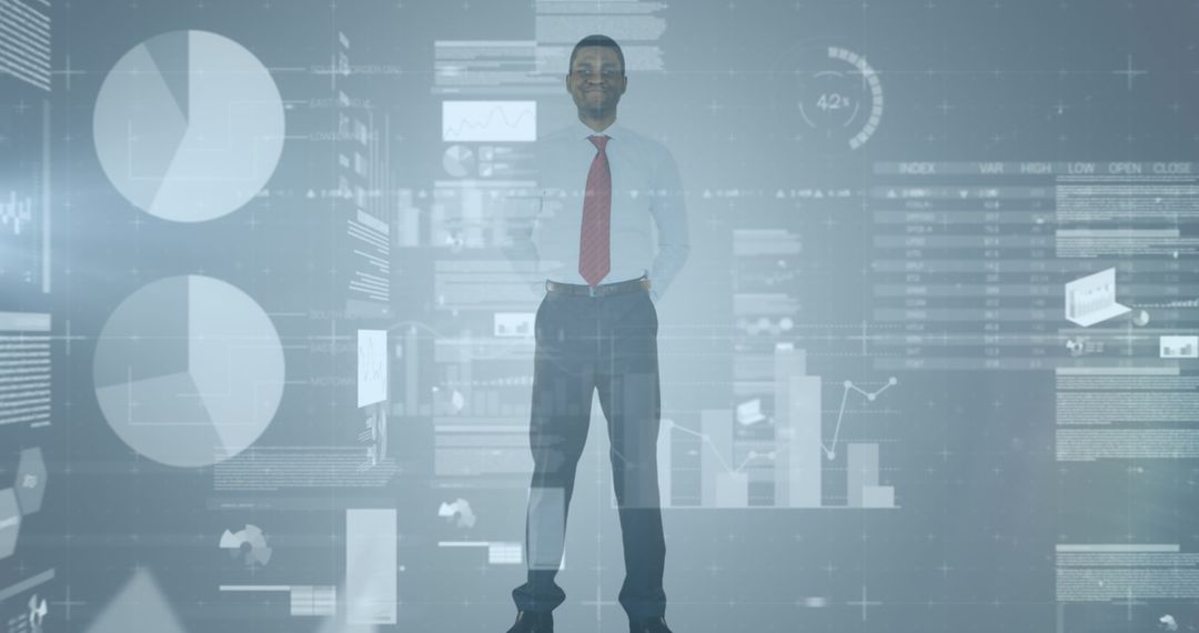 Confident Businessman Surrounded by Futuristic Data Visualizations