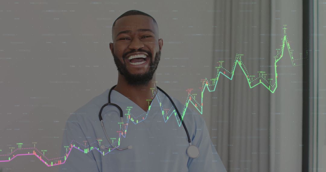 Smiling Nurse in Scrubs with Analytics Graph Overlay