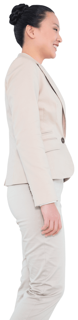 Smiling Businesswoman in Beige Suit on Transparent Background