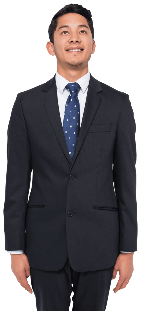 Happy Asian Businessman in Professional Attire Standing Against Transparency