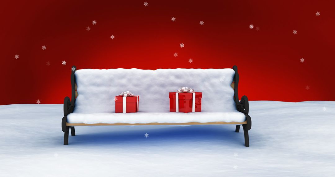 Snowy Bench with Red Christmas Gifts Under Falling Snowflakes - Free Images, Stock Photos and Pictures on Pikwizard.com