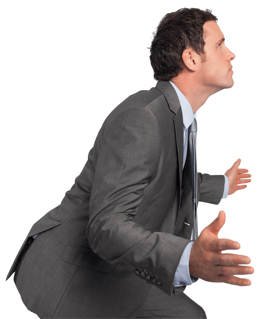 Confused Businessman in Suit with Arms out on Transparent Background