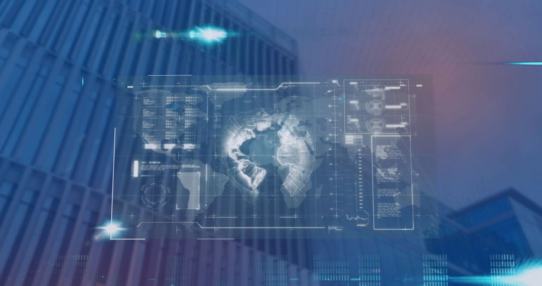 Futuristic Digital Interface Over Skyscraper Horizon