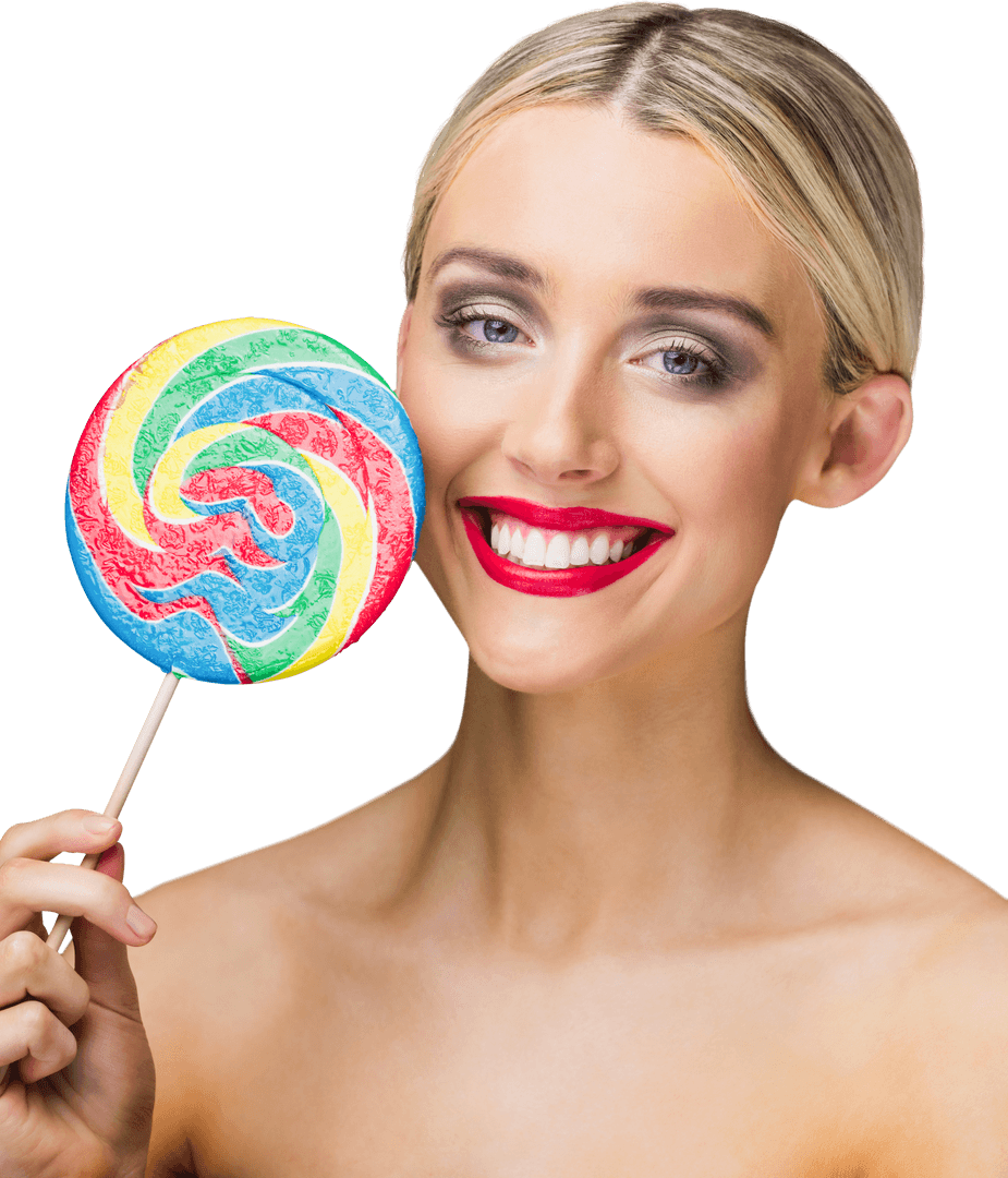 Woman Showcasing Rainbow Lollipop, Happy Expression on Transparent Background