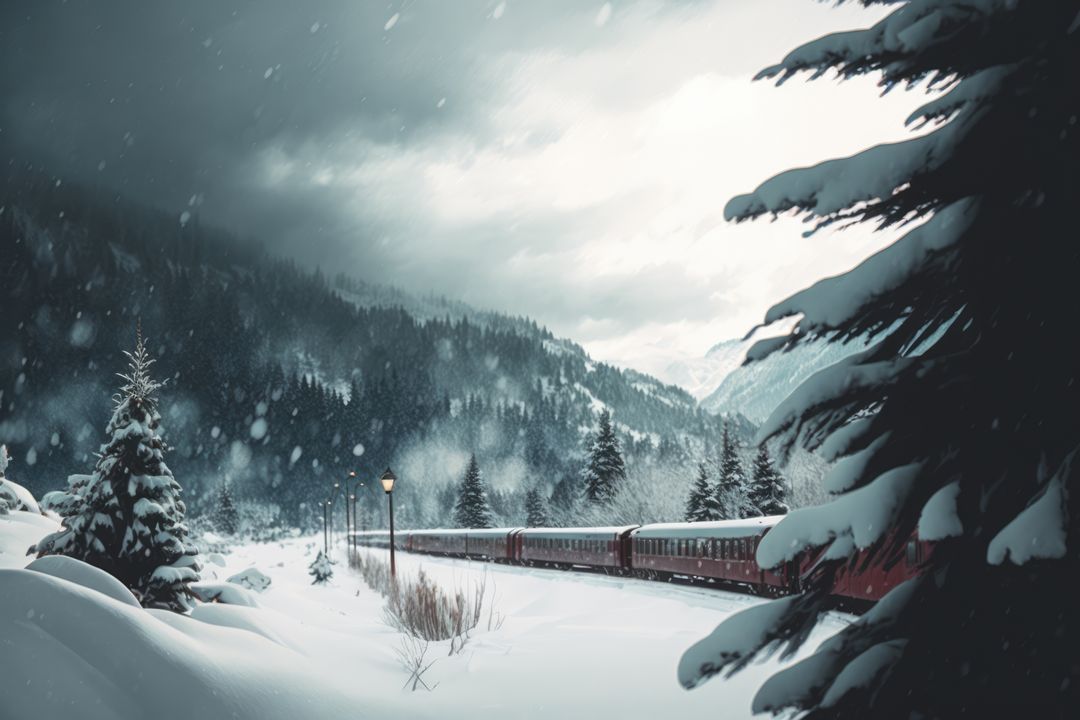 Winter Train Moving Through Snowy Mountains with Evergreen Trees - Free Images, Stock Photos and Pictures on Pikwizard.com