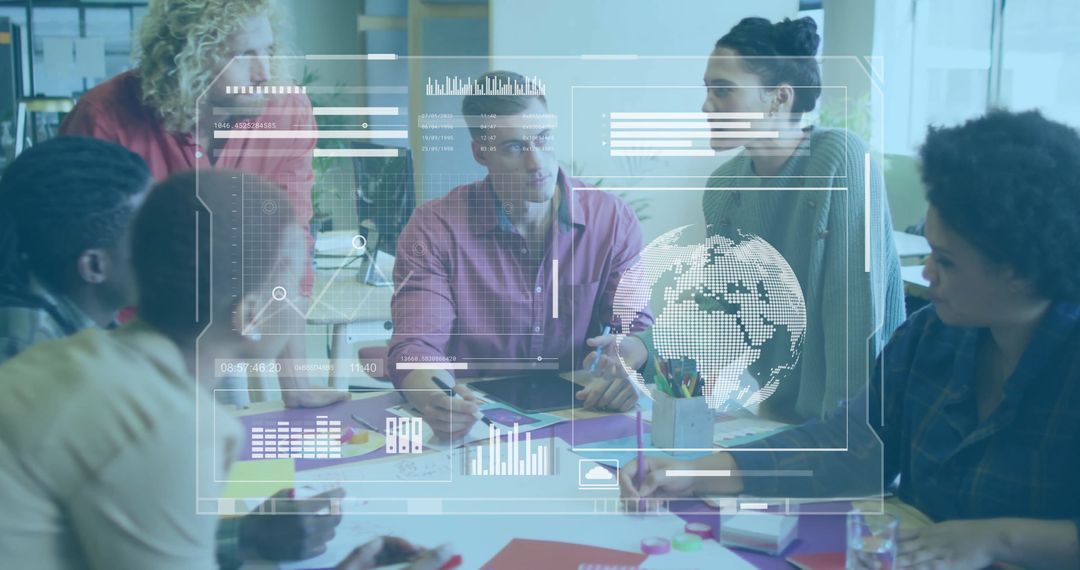 Innovative Team Collaborating with Digital Interface Overlay