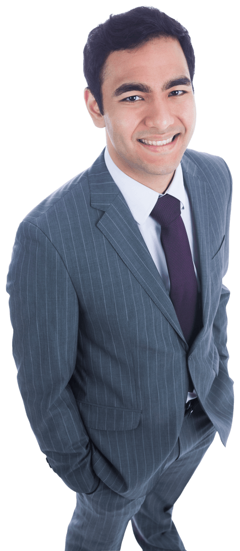 Smiling Biracial Businessman in Pinstripe Suit on Transparent Background