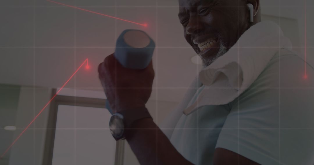 Fit man lifting dumbbell with graphics representing tech innovation