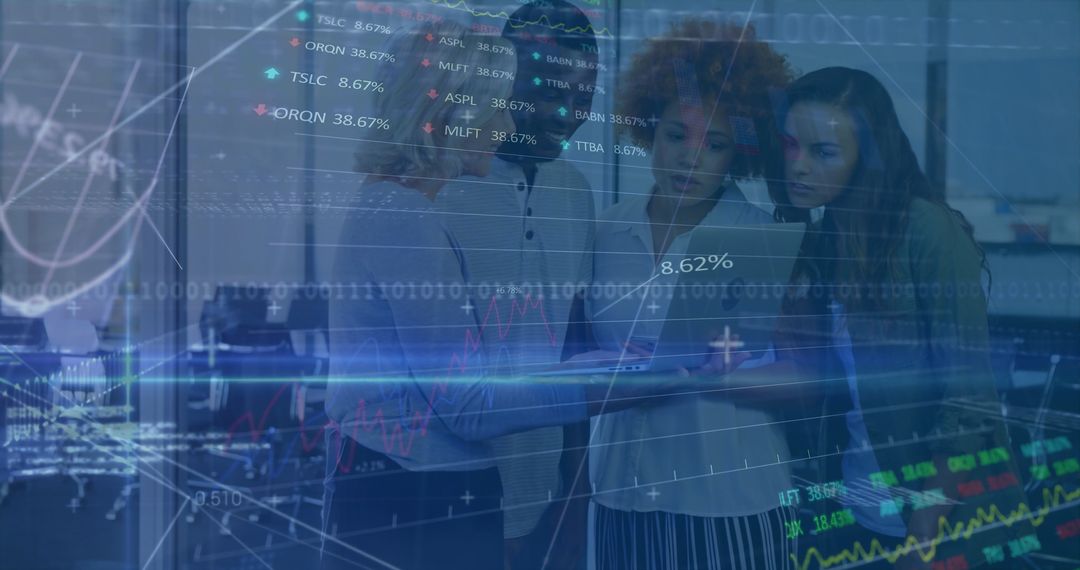 Business Team Analyzing Financial Data on Tablet with Stock Overlay