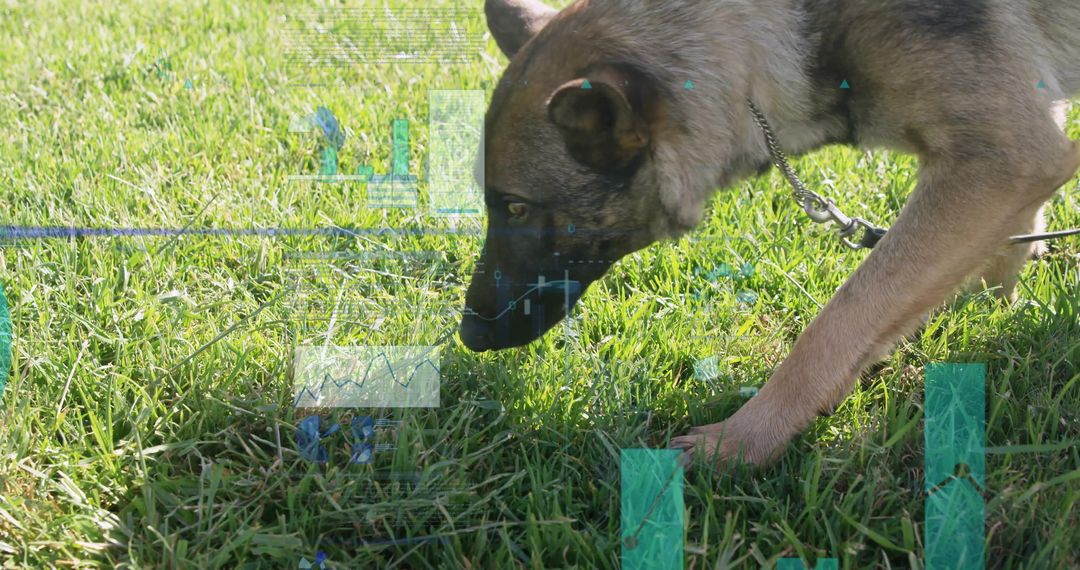Dog Sniffing Grass with Digital Data Overlays in Open Field