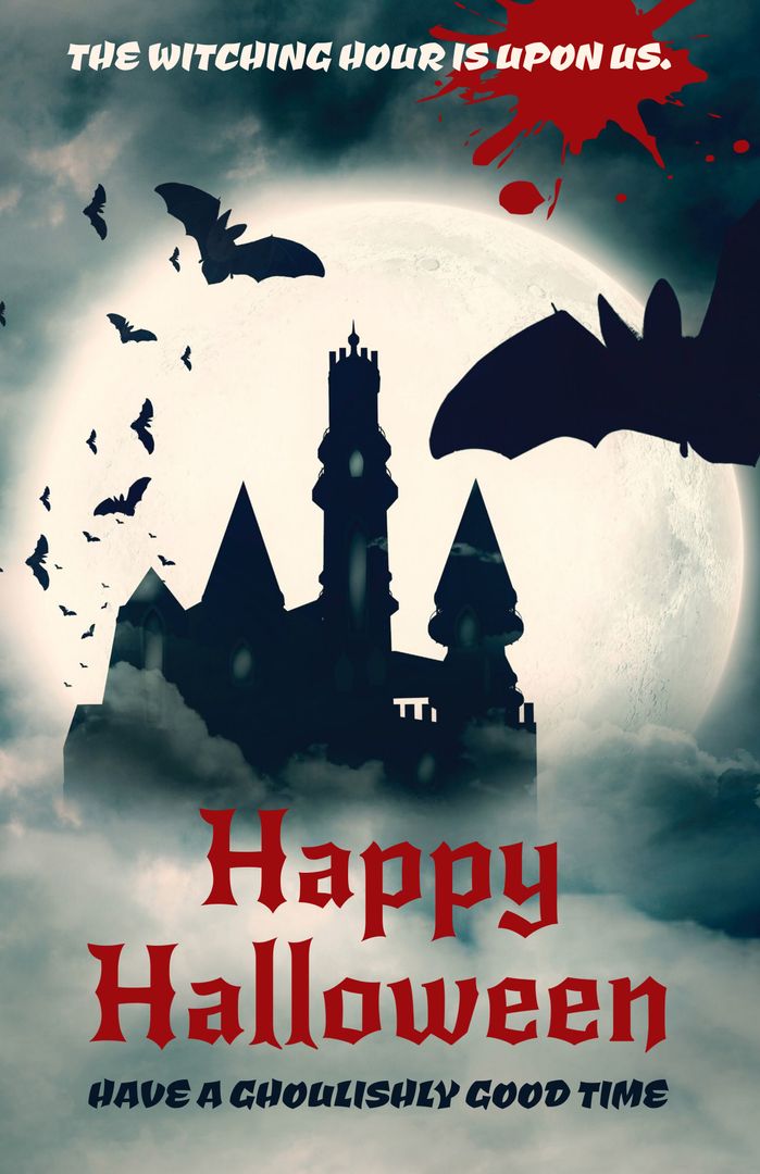 Haunted Castle Silhouette with Bats Under Full Moon