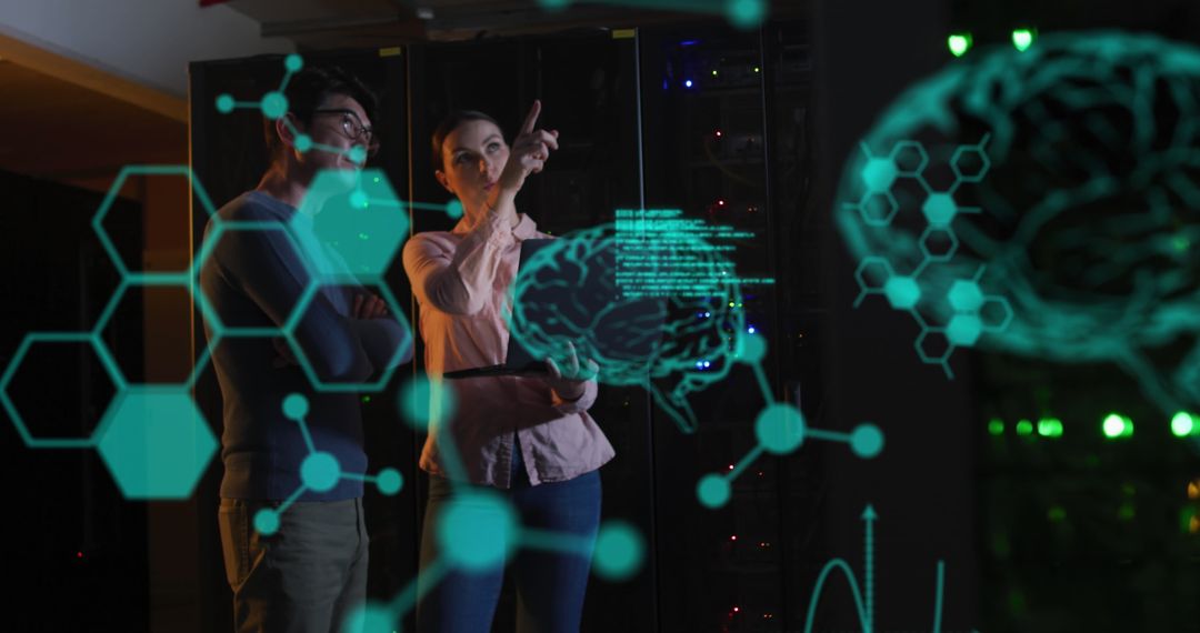 Engineers Analyzing Medical Data in Advanced Server Room