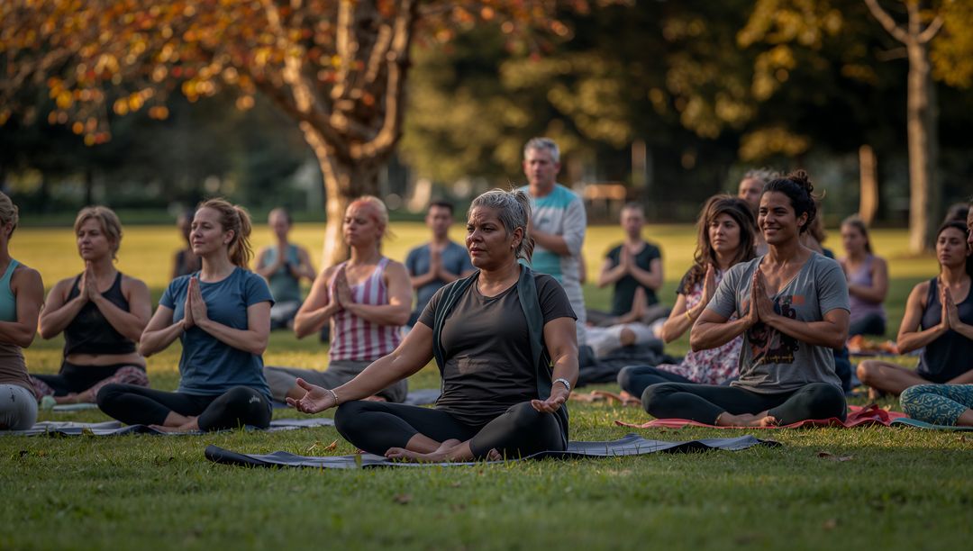 Diverse Group Meditation Session in Scenic Park Setting