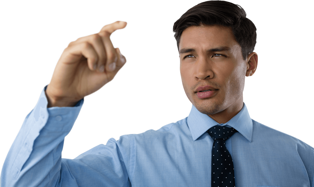 Young Businessman Touching Invisible Interface Transparent Concept