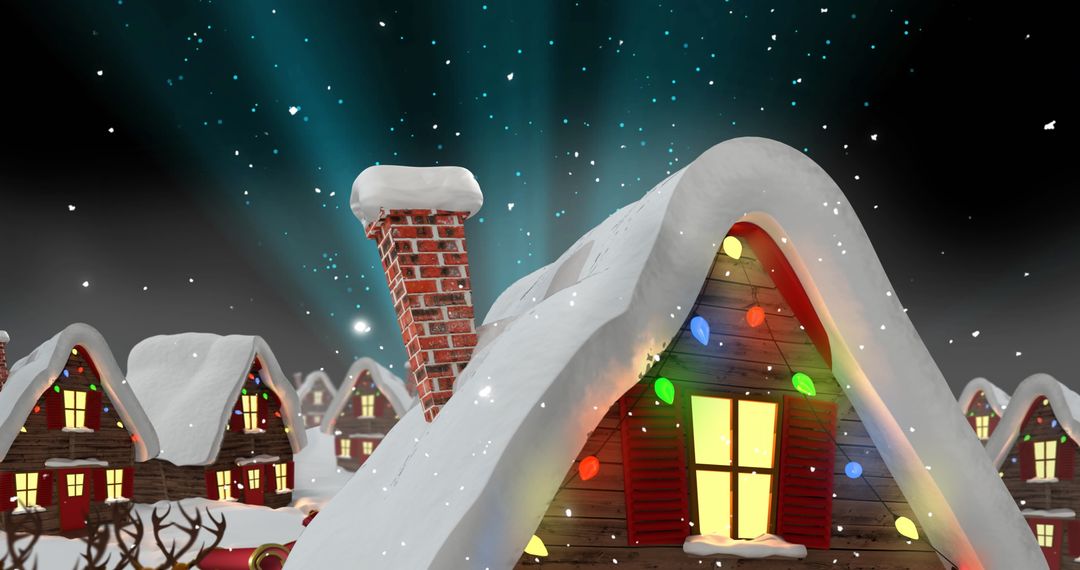 Festive Village with Snow-Covered Rooftops and Colorful Lights