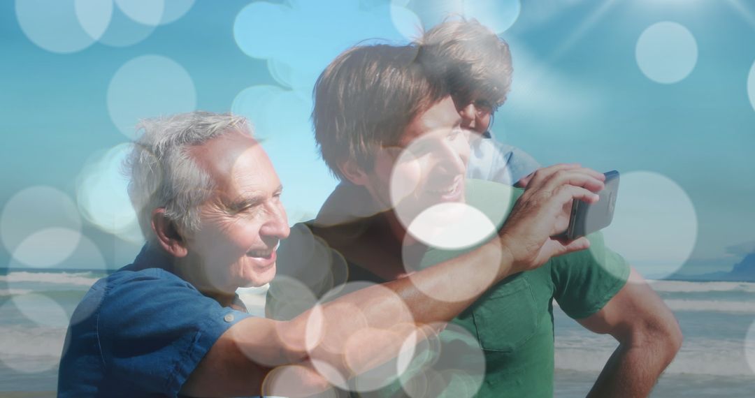 Multi-generational Family Selfie at Beach with Dreamy Bokeh Effect