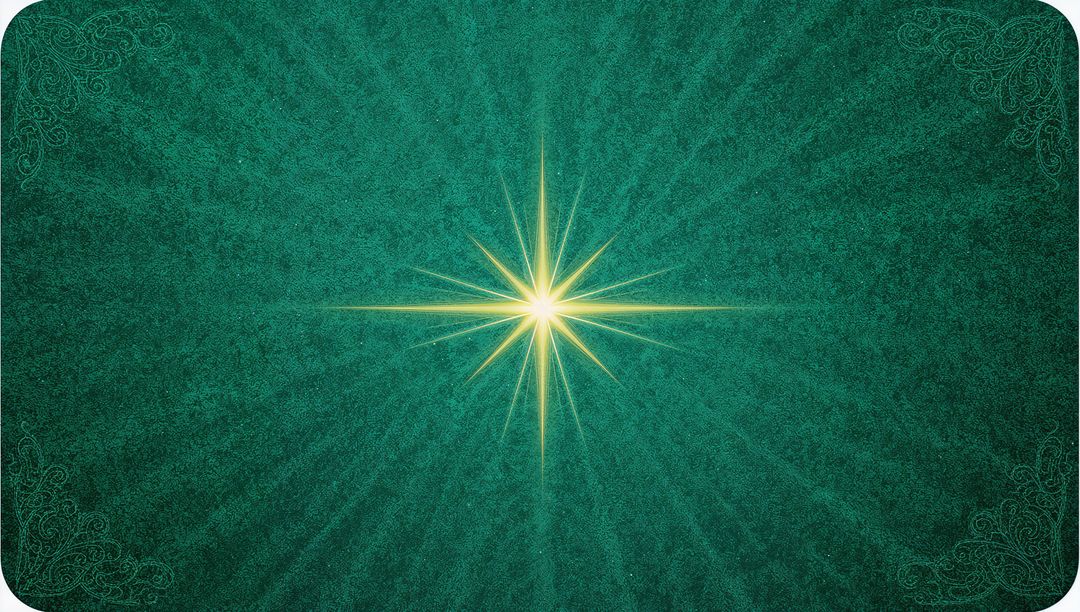 Golden starburst radiating on teal textured rounded card with ornate filigree corners