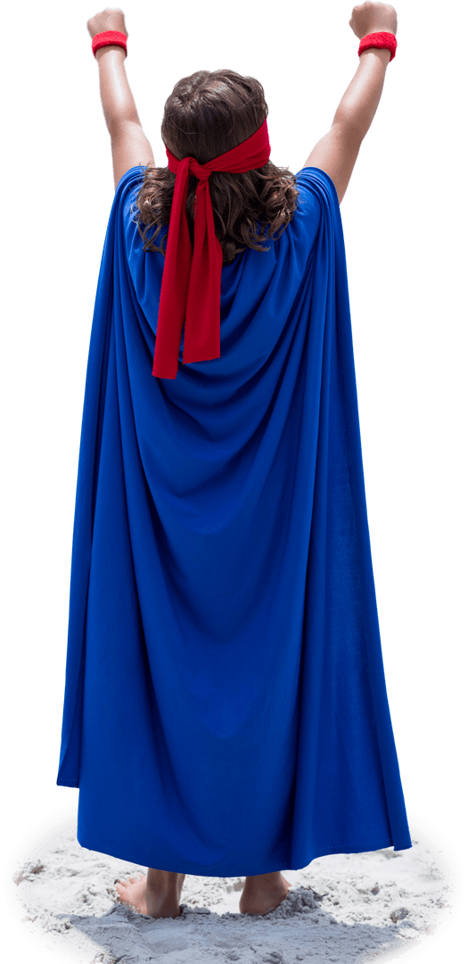 Teal Blue Superhero Cape Boy with Raised Hands on Transparent Background