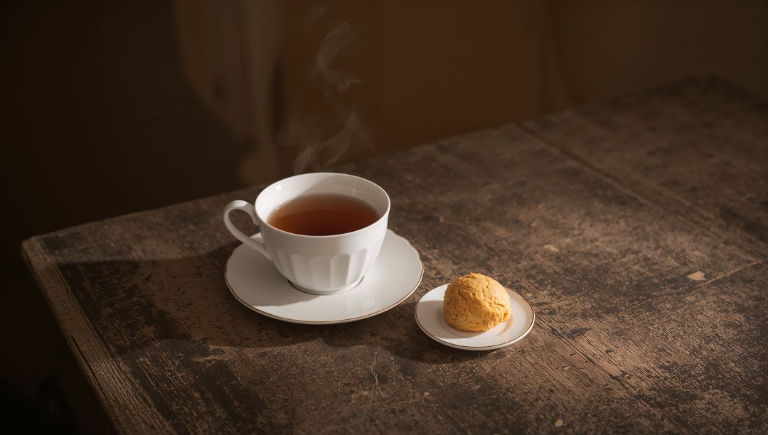 Fluted porcelain teacup steaming on weathered wooden table with single golden scone in amber light