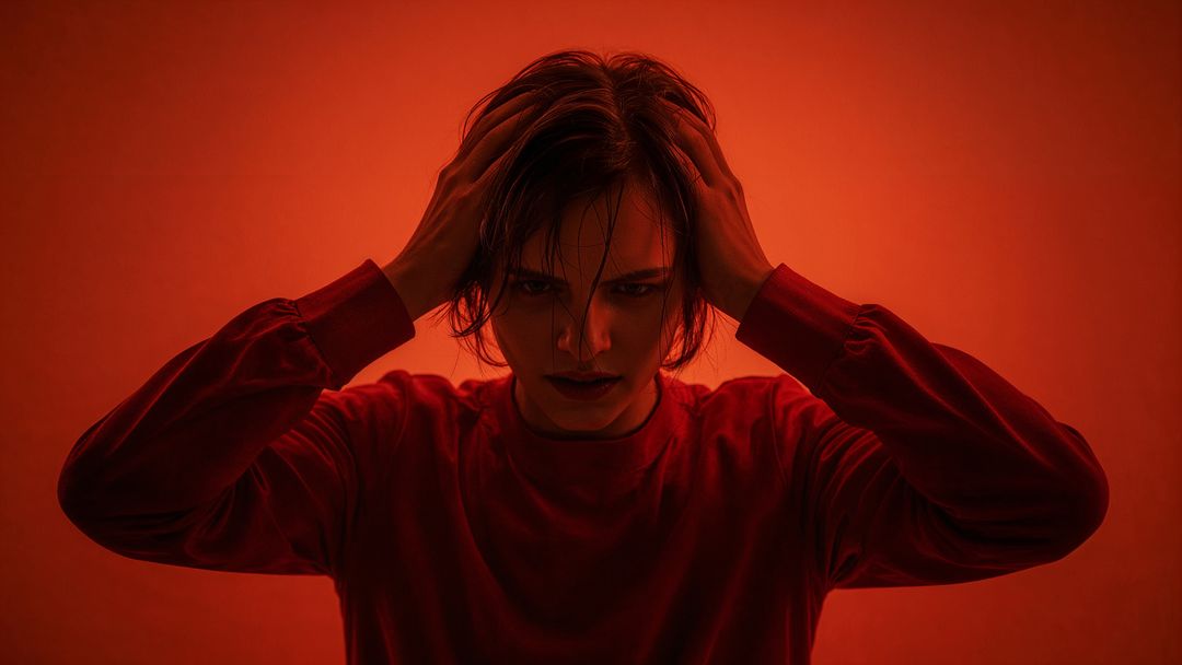 Thoughtful Person Expresses Tension in Red Lighting