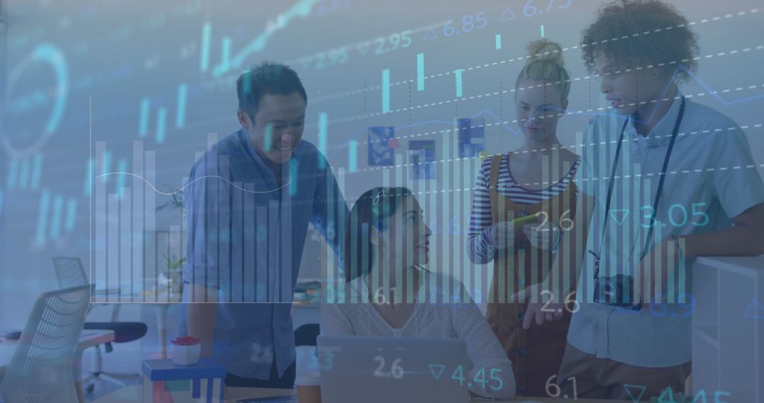 Multiracial Business Team Collaborating with Financial Analytics Overlay